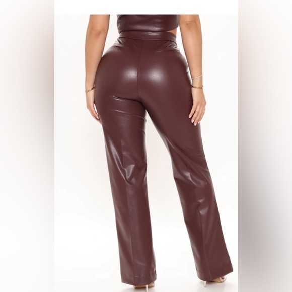 Julia Chocolate Faux Leather High-Waist Trouser Pants - Picture 2 of 3